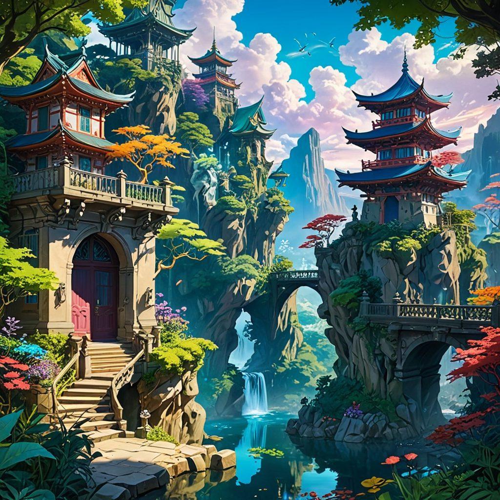 An enchanting scene showcasing a mystical, dream-like landscape blending elements of adult anime and manga. Ethereal characters with expressive features and vivid colors engage in whimsical, captivating adventures amidst lush, intricate backgrounds filled with fantastical creatures and surreal architecture. The atmosphere is serene yet inviting, drawing viewers into a world of imagination and allure. emphasis on detailed expressions and rich textures. vibrant colors. super-realistic.